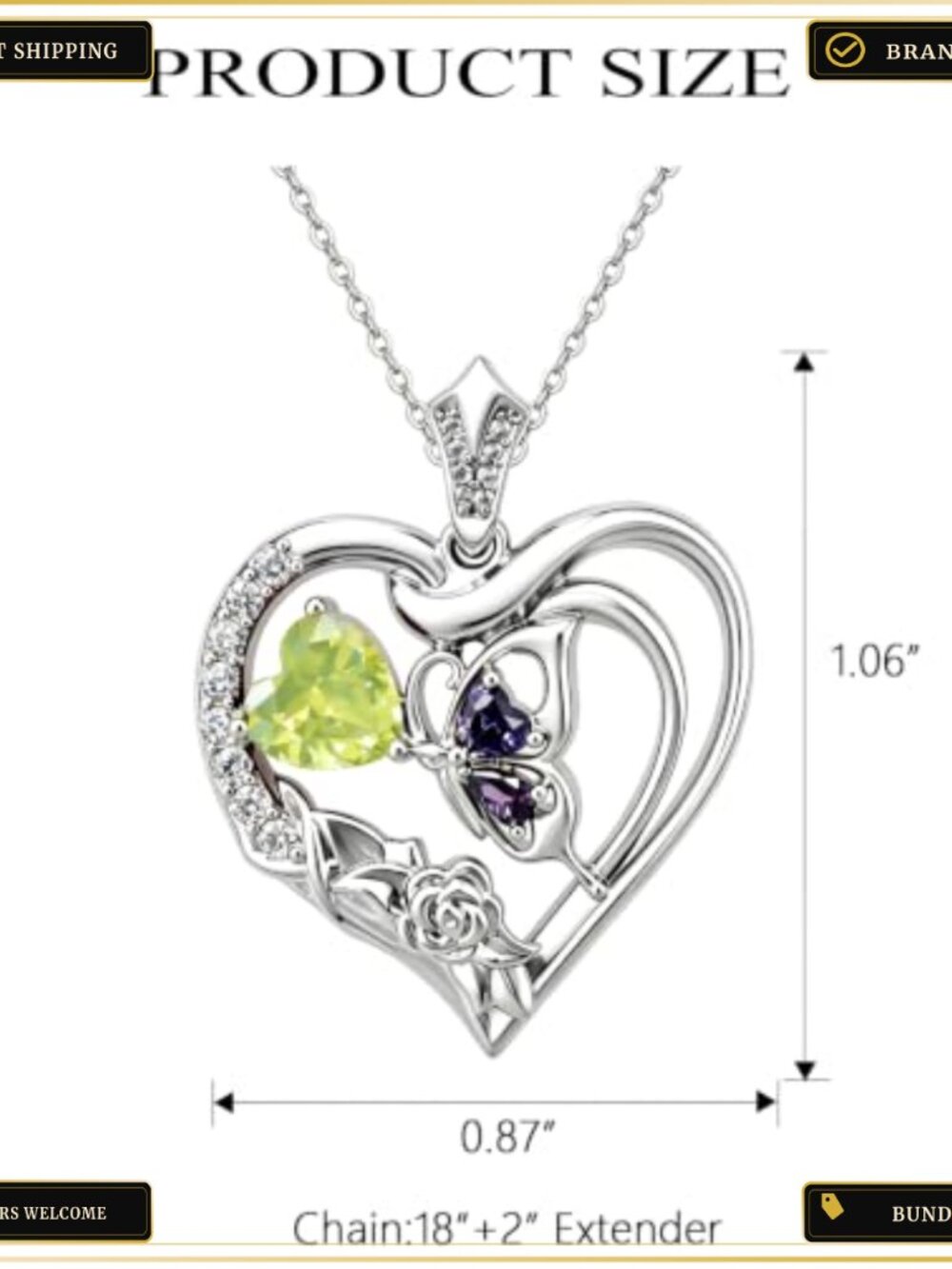 18K White Gold Plated Heart Pendant Necklace with Butterfly Rose Crystal - Picture 2 of 6